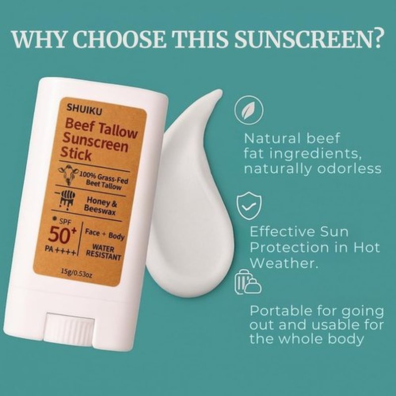 Beef Tallow Sunscreen Organic Stick SPF 50 – Tallow-Based Mineral Sunscreen with Honey & Beeswax for Face & Body, Water-Resistant Natural Sunblock, 0.53 oz