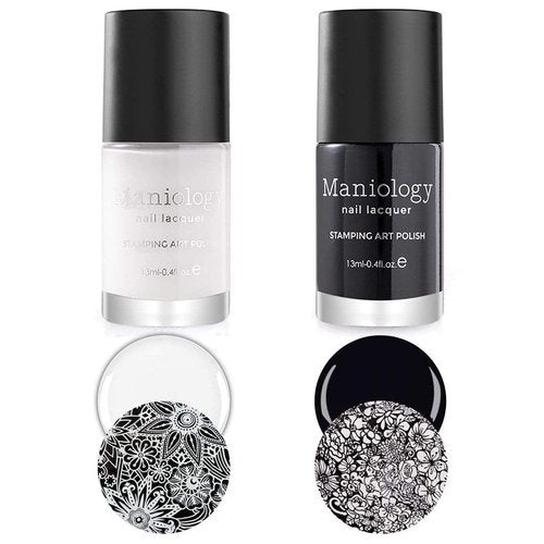 Maniology Black & White Duo Stamping Polish Set | Basic & Essential, Primary Colors – 13ml Lacquer Bottles for Crisp Nail Art Design & Full-Coverage DIY Manicures