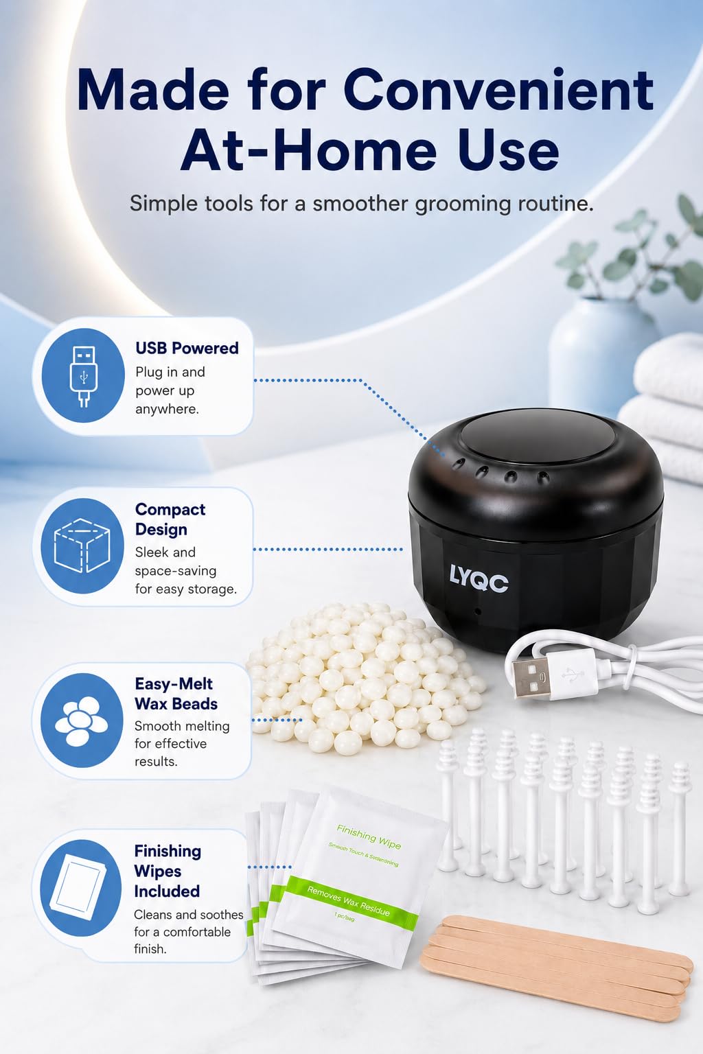 LYQC Nose Wax Kit Men, Mini Wax Warmer for Nose Eyebrow Ear Hair Removal, waxing kit with USB Fast Heat，including 100g Beads & 30 Sticks，Portable wax machine, suitable for home travel use - black
