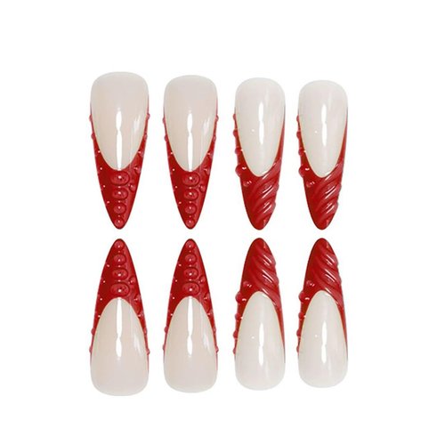 Long Press on Nails Stiletto Xl Fake Nails Red French Tips False Nails with 3D Design Nails Glossy Acrylic Nail for Women 24pcs