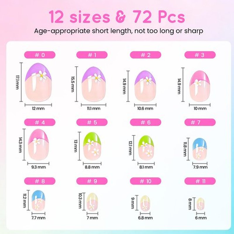 72 Pcs Press on Nails for Kids, GlimightyX 3 Styles Girls Fake Nails Set with Nail Glue & Sticky Tabs,Flower Rainbow Pink Nails Set for 8-12 Years Old,Christmas Gift DIY Home