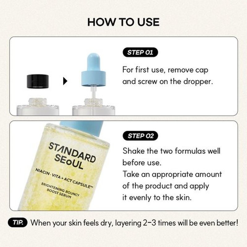 STANDARD SEOUL Brightening Bouncy Boost Serum – Radiance-Boosting K-Beauty Serum with Niacinamide, Vitamin C Blend, Lightweight Dual-Phase Glow Formula (30ml)