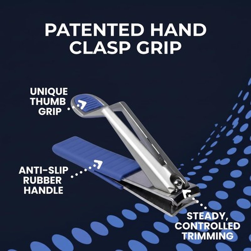 HANDCLASP Nail Clippers, Stylish, Comfortable for Seniors, Fingernails, Premium Stainless Steel, Curved Edge, Wide Jaw, Ergonomic, Thumb Rest, Comfort Cuts, Women, Men, Teens, Special Needs, (Blue)
