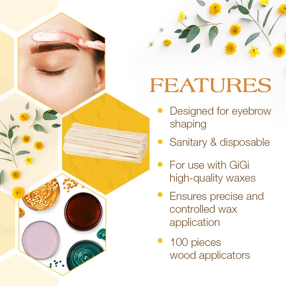 GiGi Eyebrow Wax Sticks for Hair Removal Small, Fine Applicator Stick, Wooden Waxing Sticks for Face & Eyebrows, 100 ct