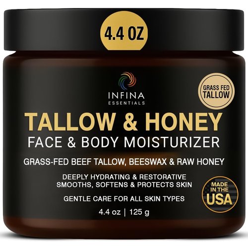 INFINA ESSENTIALS Beef Tallow for Skin with Raw Honey – Grass Fed Beef Tallow Face & Body Moisturizer - Balm Style Hydrating Cream with Beeswax & Olive Oil for Dry Skin, Hands & Feet – 4.4 oz