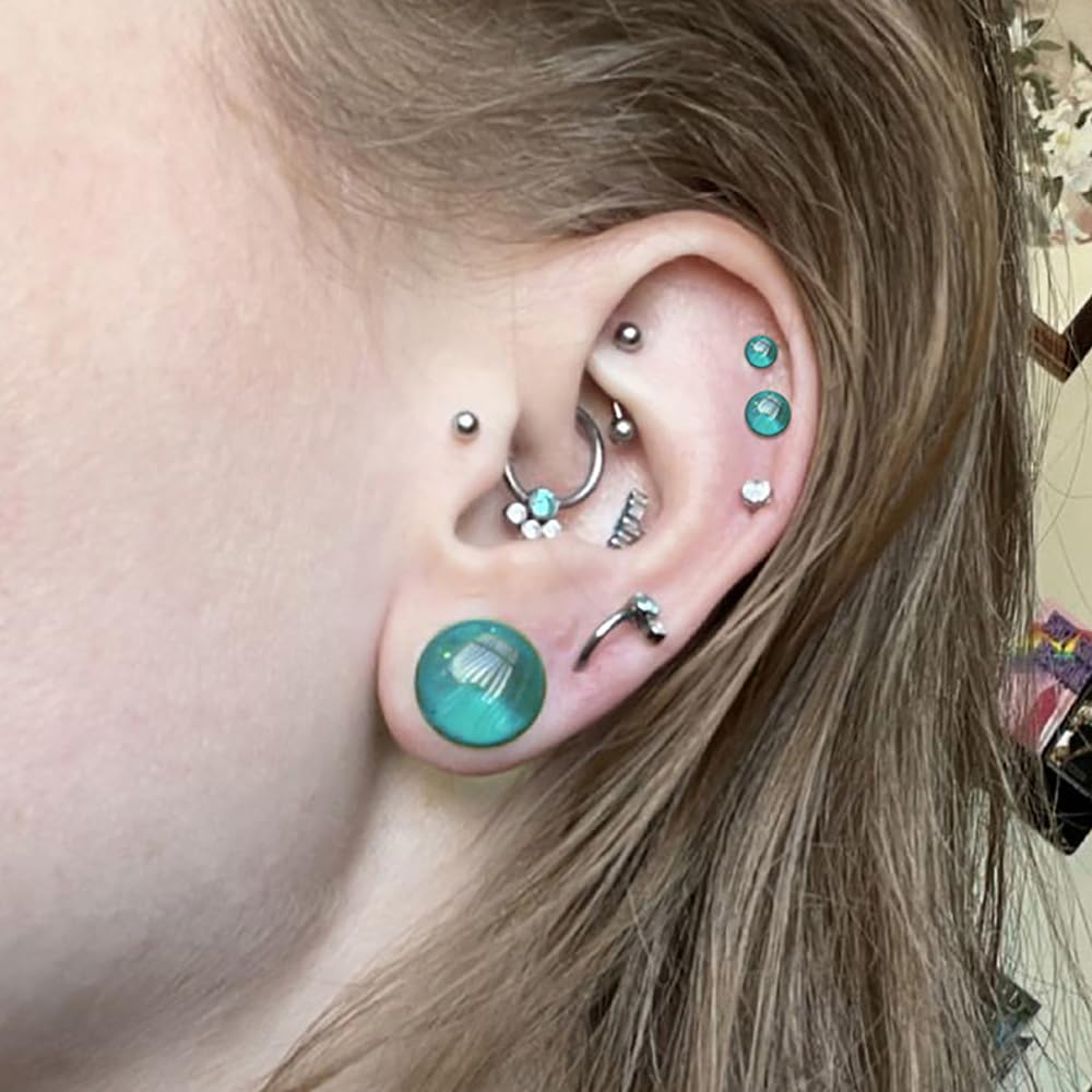 BOKABOO 14 PCS Glass Ear Gauges Stretching Kit Short Taper Expander, Turquoise 14g-2g Comfy Dead Stretching Plugs with Rubber Rings, Crazy Domed Body Piercing Jewelry Set