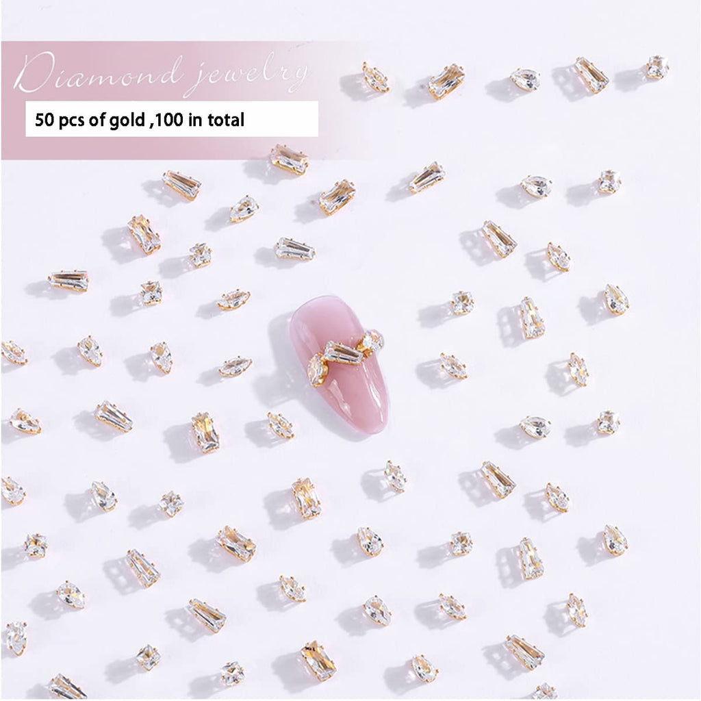 100 Pcs Diamond Jewelry Nail Charms for Nail Art Decoration Rhinestones, Gold/Silver Flatback Sparkle Horse Eyes Water Drop Square Zircon Claw Gems Nail Design Supplies