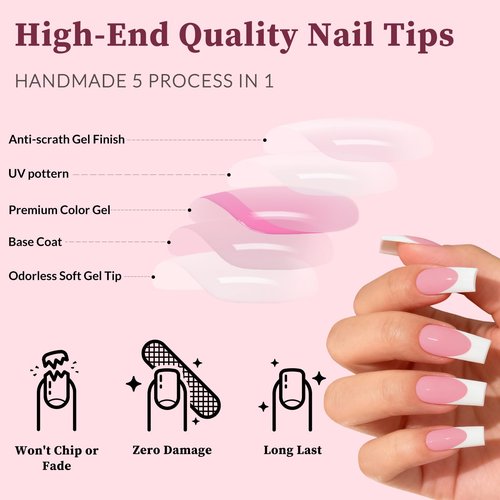 Lifextol 240PC White French Tip Press on Nails Medium Fake Nails Press ons with 5*Adhesive Tabs, Pink Square Acrylic Nail Press on Nail French Tip Nails False Artificial Fingernails Stick on Nails-G