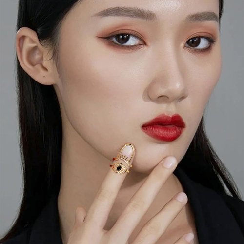 Jean Beau Gold Evil Eye Finger Nail Ring for Women Teen Art Black Rhinestones CZ Finger Cap Cover Tip Rings Gold Metal Nail Decoration Nail Protect Fashion Jewelry Gift