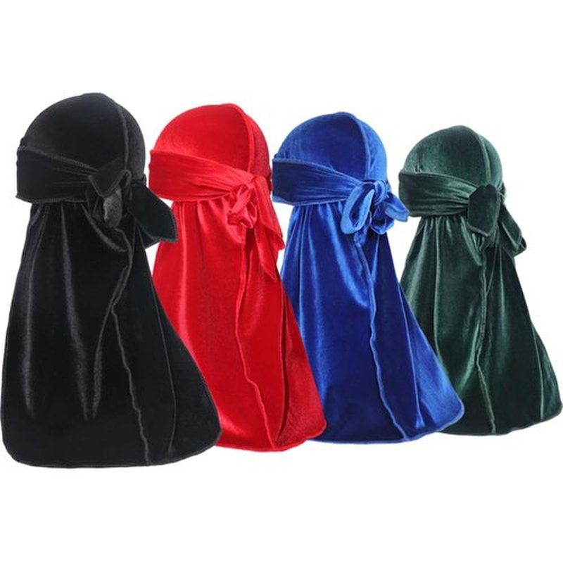 ForceWave Velvet Durags for Men Premium Du Rags Pack of 4 for Men Women with Long Tail and Wide Strap (Black Red Blue Green)