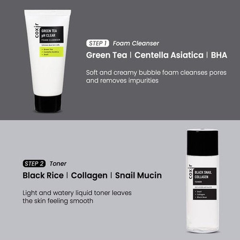 coxir Black Snail Collagen Starter Kit – Cleanser, Toner, Serum & Cream | Repairing Snail Mucin Skincare Set, Hydrating Korean Beauty Routine for Women (4-Piece)