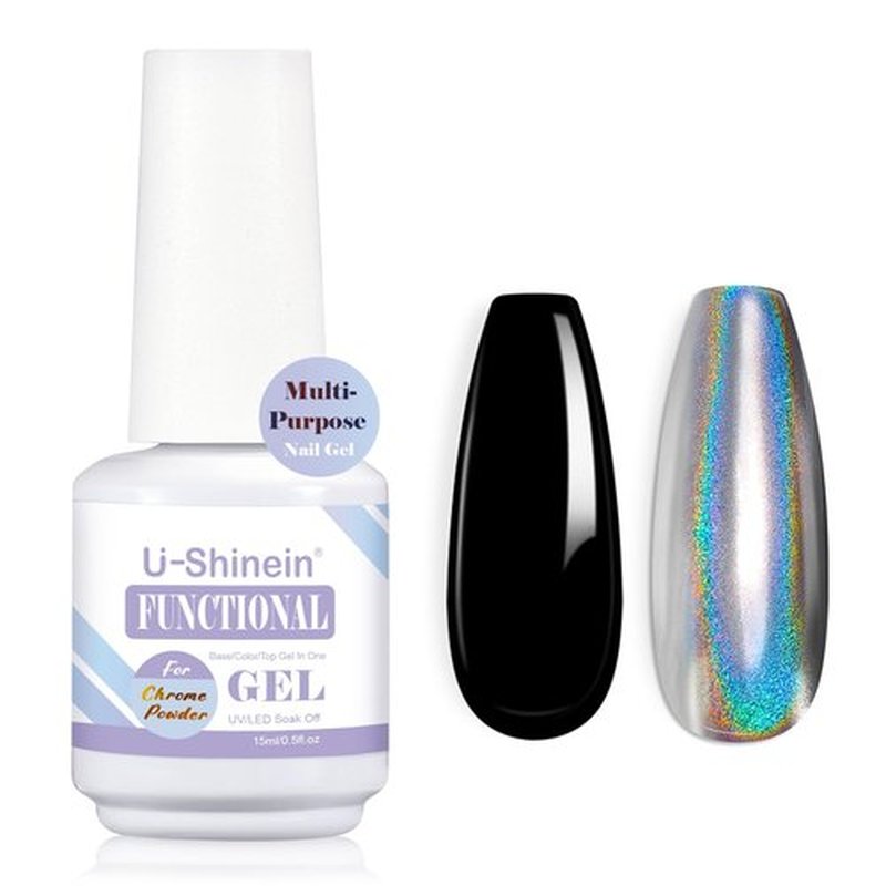 U-Shinein Functional Nail Polish Gel, Nail Chrome Powder Gel Top Coat Base Gel One Step Color Gel Soak Off LED UV Nail Gel Non-fogging Long-lasting Fast-drying Evening High Gloss Home DIY Black