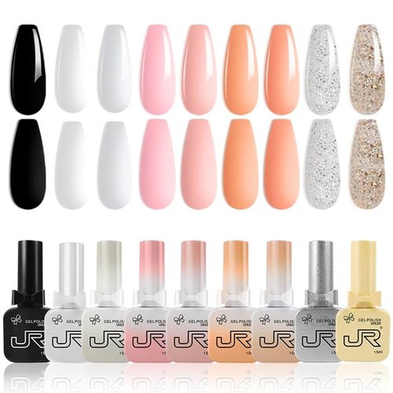 JR 9pcs 15ml Gel Nail Polish Set Black White Pink Series Gel Polish Kit UV LED Soak Off Nail Art Salon at Home DIY Gift A