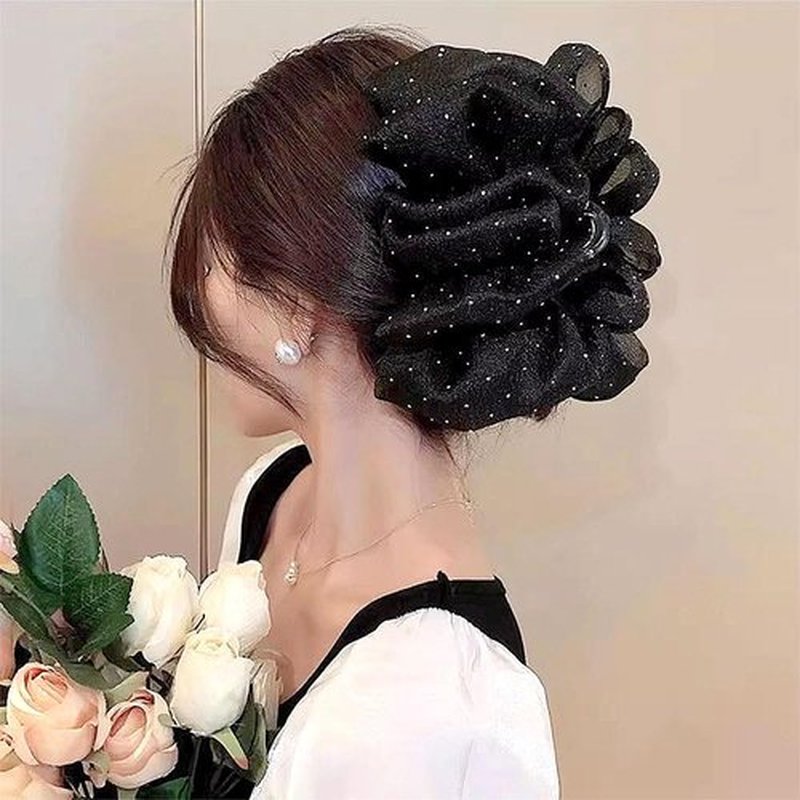 Myhiju Hair Clip, Black Chiffon Mesh Tulle Rhinestone Bow Hair Clip, Strong Hold Silk Bowknot Claw Clip for Women, Hair Accessories for Thick Hair, Daily, Party