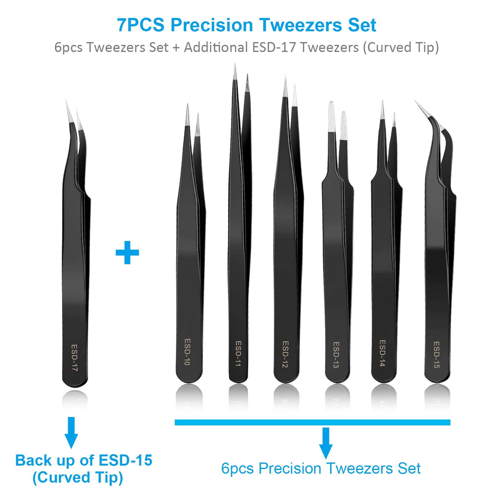 YHYZ 7pcs Precision Tweezers Set, Premium Anti-Static Stainless Steel ESD Tweezers Set Kit for Electronics, Sodlering, Jewelry, Craft, Laboratory Work, DIY (7PCS, Version) (7PCS, Version)