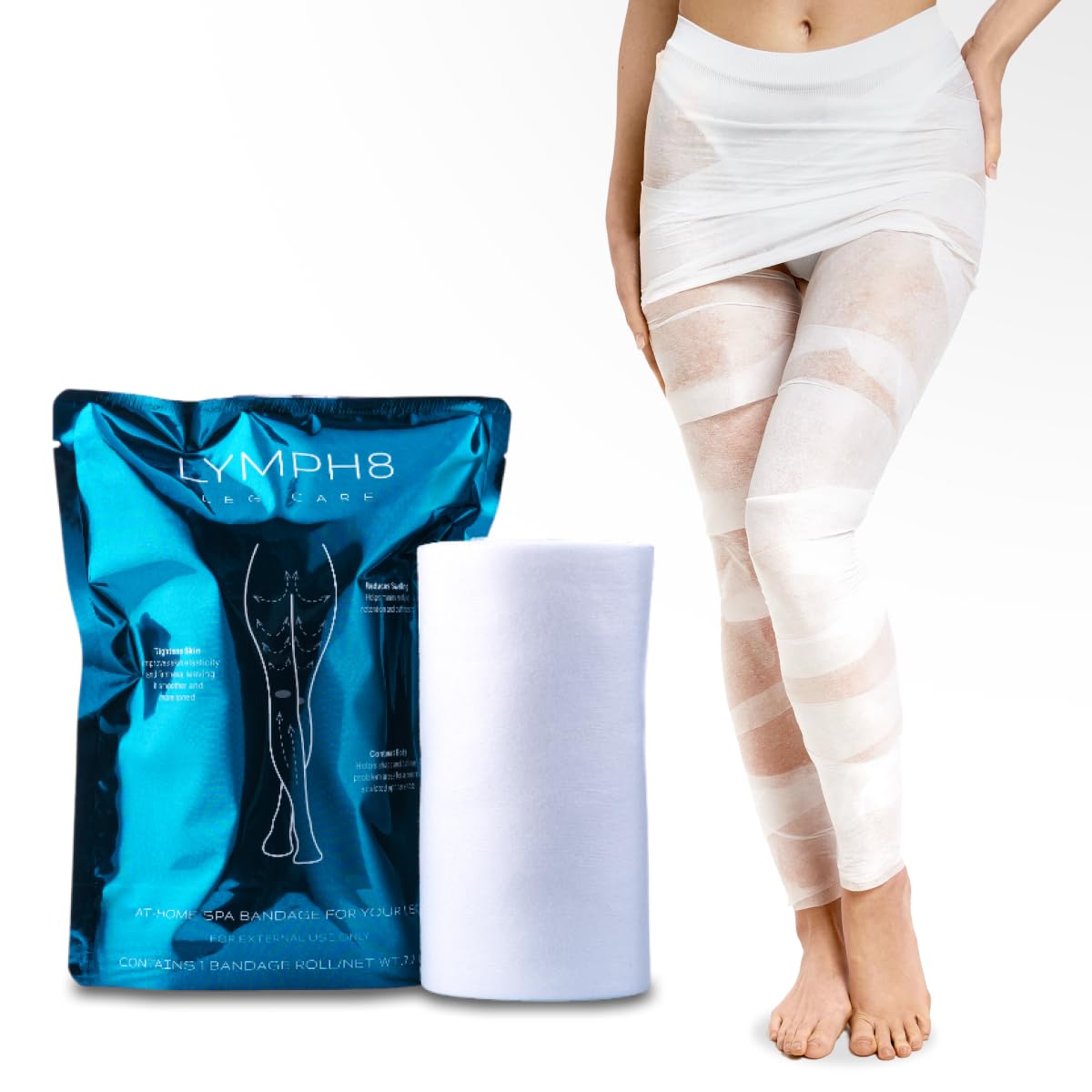 LYMPH8 Body Wrap Lymphatic Drainage & Sculpting. Cooling Effect for Legs & Stomach. Tones, Firms & Reduces Puffiness | 40 ft Pre-Soaked Wrap | Caffeine, Niacinamide, Algae Extract & Menthol