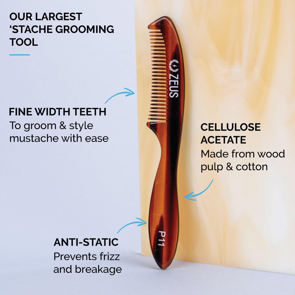 ZEUS Large Mustache Comb, Long Handle Handmade Saw Cut Mustache Comb for Men (Traditional) P11
