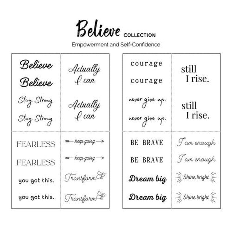 One Grace Believe Collection - Inspirational and Motivational Words Small Temporary Tattoos - Realistic Long Lasting Waterproof Black Mini Tattoos for Women and Men