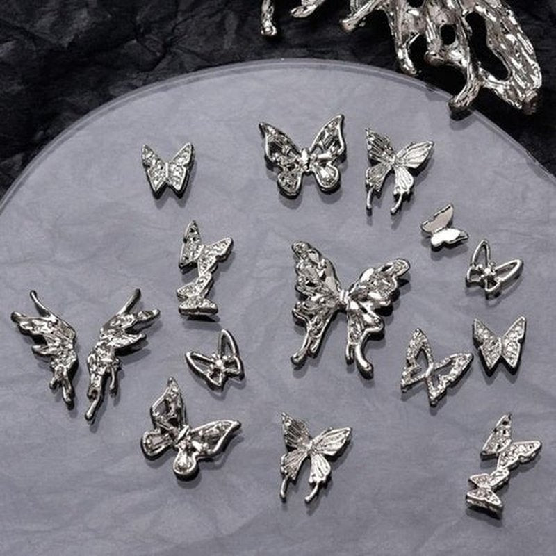 Eseres 50Pcs 3D Silver Butterfly Nail Charms for Nail Designs Y2K Nails Art Decoration DIY Crafts