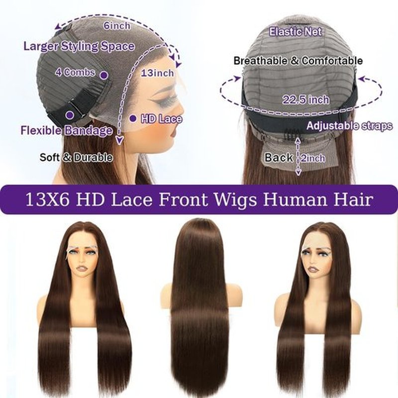 32 Inch Chocolate Brown Lace Front Wig Human Hair 200 Density Brown Wig Human Hair 13x6 Transparent HD Straight Lace Front Wigs Human Hair Pre Plucked Wigs for Women Colored Frontal Wigs Human Hair