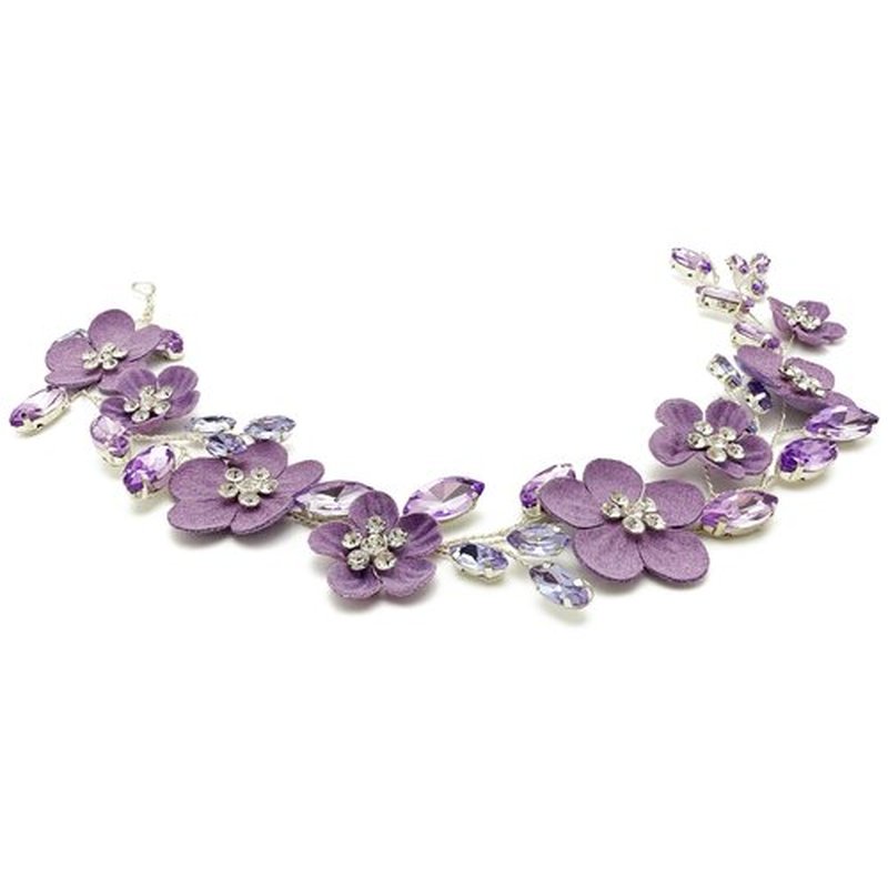 PrettyLife Bridal Purple Flower Headpiece Wedding Party Rhinestone Floral Silver Vine Hair Pieces Accessories for Women Girls