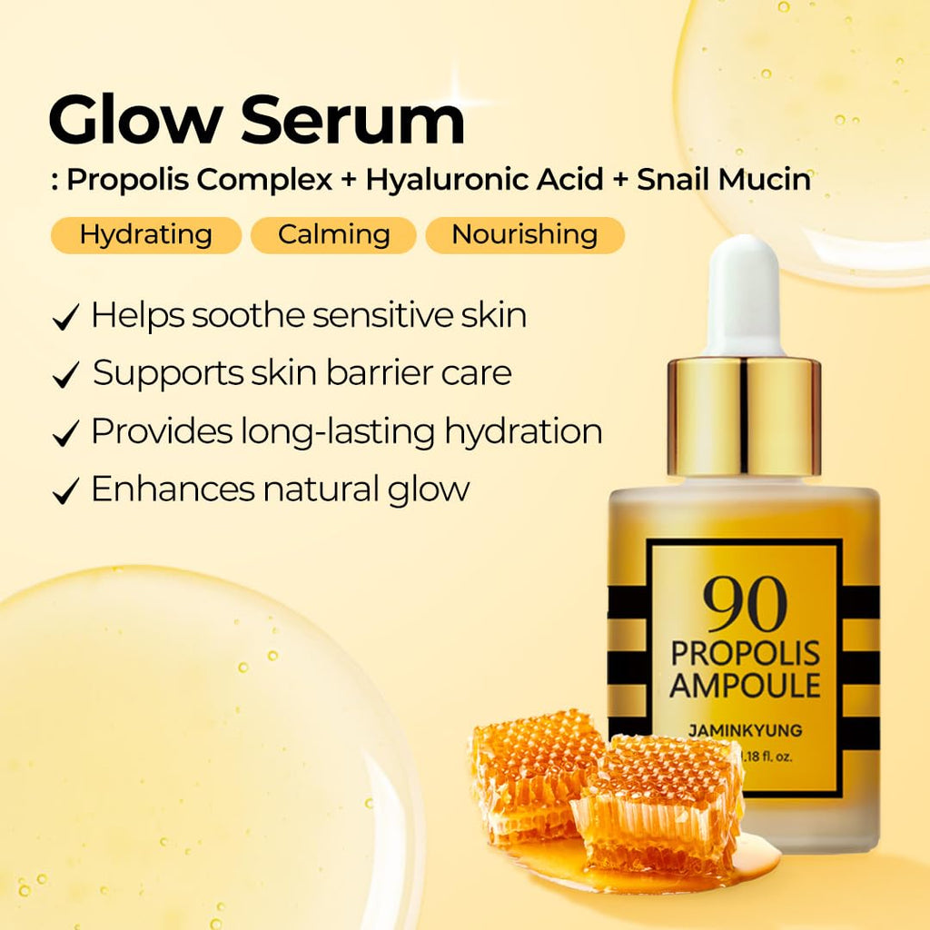 JAMINKYUNG Propolis Ampoule, Glow Boosting Serum for Face with 90% Propolis Extract & Snail Mucin, 8-Layer Hyaluronic Acid, Niacinamide for Sensitive Skin, Dry, Dull Skin, Korean Skincare 1.18 fl oz