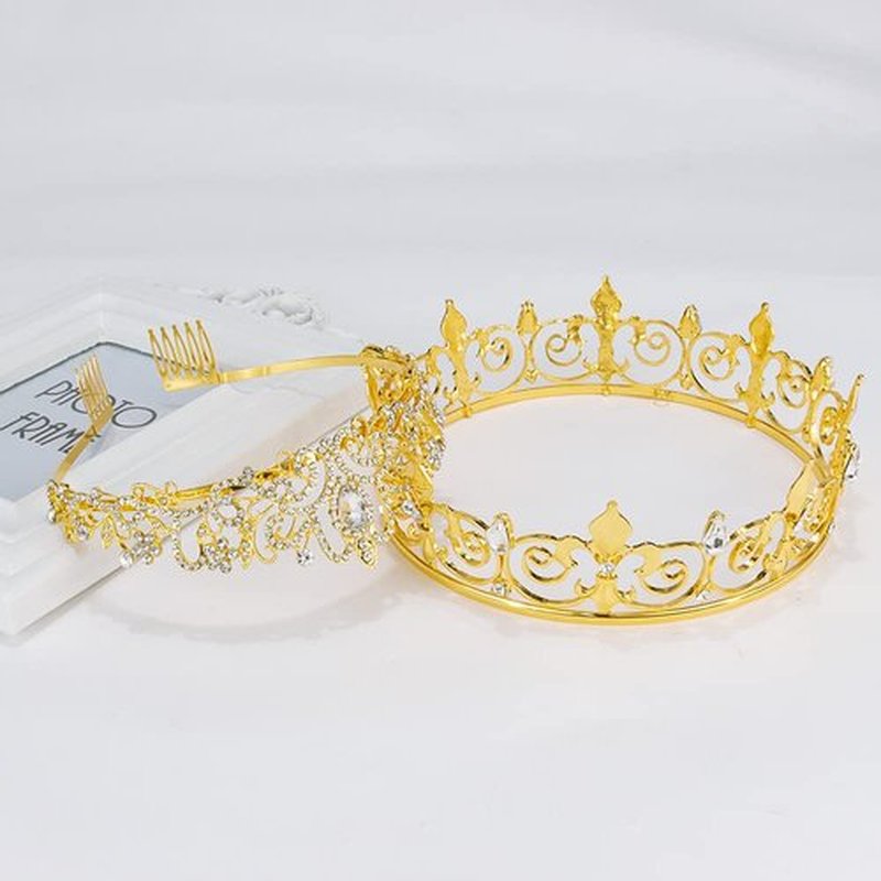 AOPRIE King & Queen Tear Drop Tiara and Crown for Women Men Crystal Hair Accessories for Wedding Prom Bridal Birthday Party Halloween Costume Christmas Gifts Gold Princess Tiara for Girls Boys