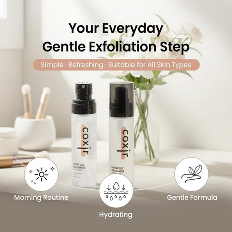 coxir Brown Rice Gentle Mist Toner – Niacinamide, TXA, AHA/BHA | Daily Mild Peeling Facial Spray for Smooth Texture & Pore Care | Korean Skincare [2.70 fl.oz]