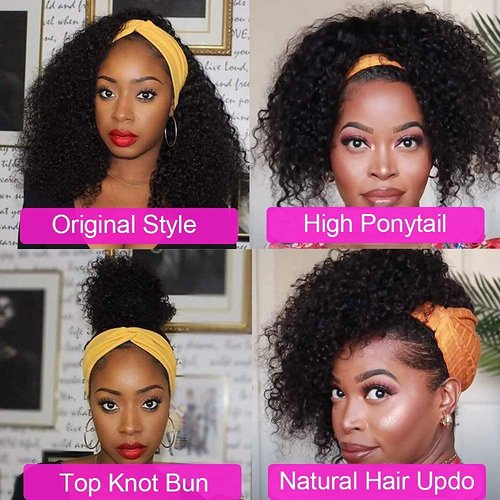 Deep Wave Headband Wig Human Hair 14 Inch Curly Headband Wigs for Black Women Human Hair Glueless None Lace Front Wig Brazilian Virgin Hair Wear and Go Wigs 150% Density Natural Black Color