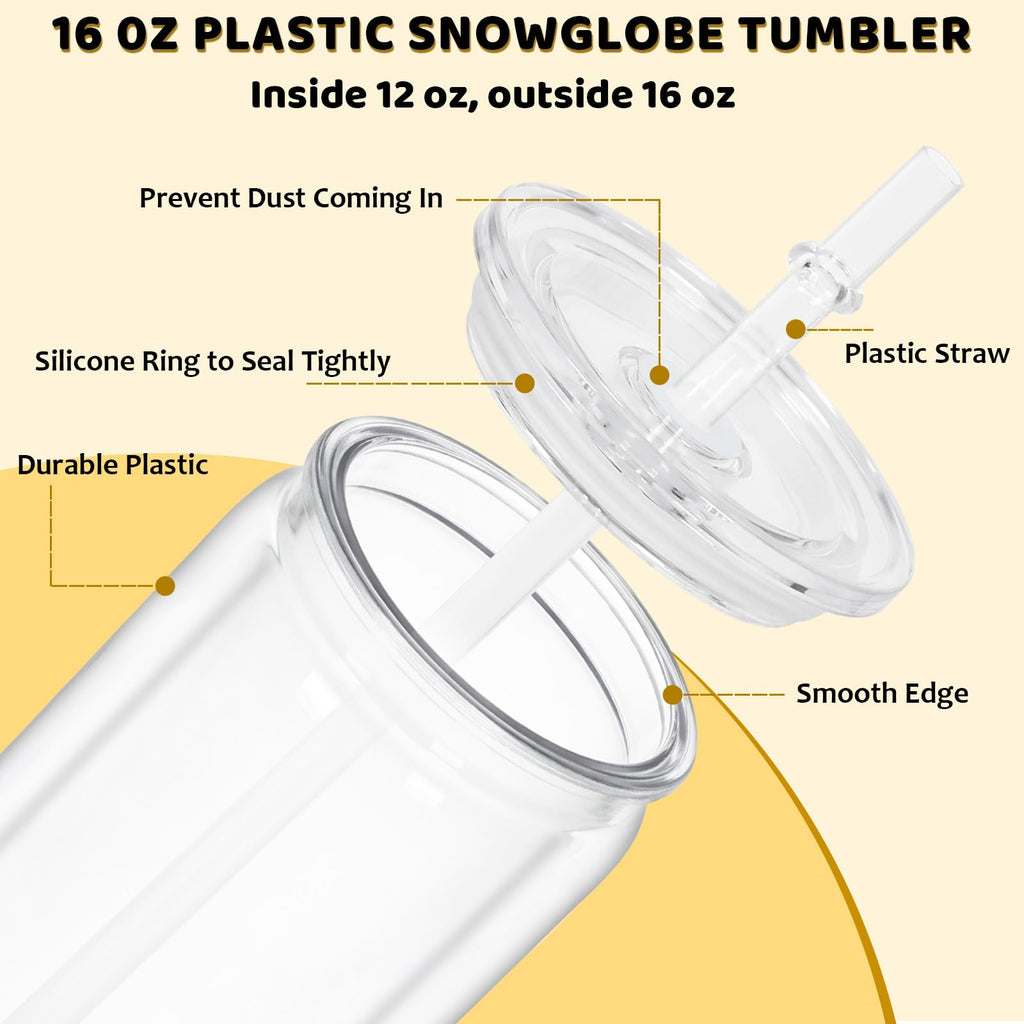 Maucircol 16 Oz Acrylic Snowglobe Tumbler, 20 Pack Pre-Drilled Double Wall Plastic Clear Cup for Glitter Snow Globe Diy, Double Wall Plastic Snowglobe Cup with Clear Lid