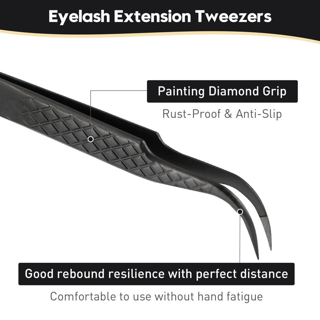 Ms.Queen Eyelash Tweezers For Extensions, Precision Diamond Grip Curved Lash Tweezers Fiber Tip,Black