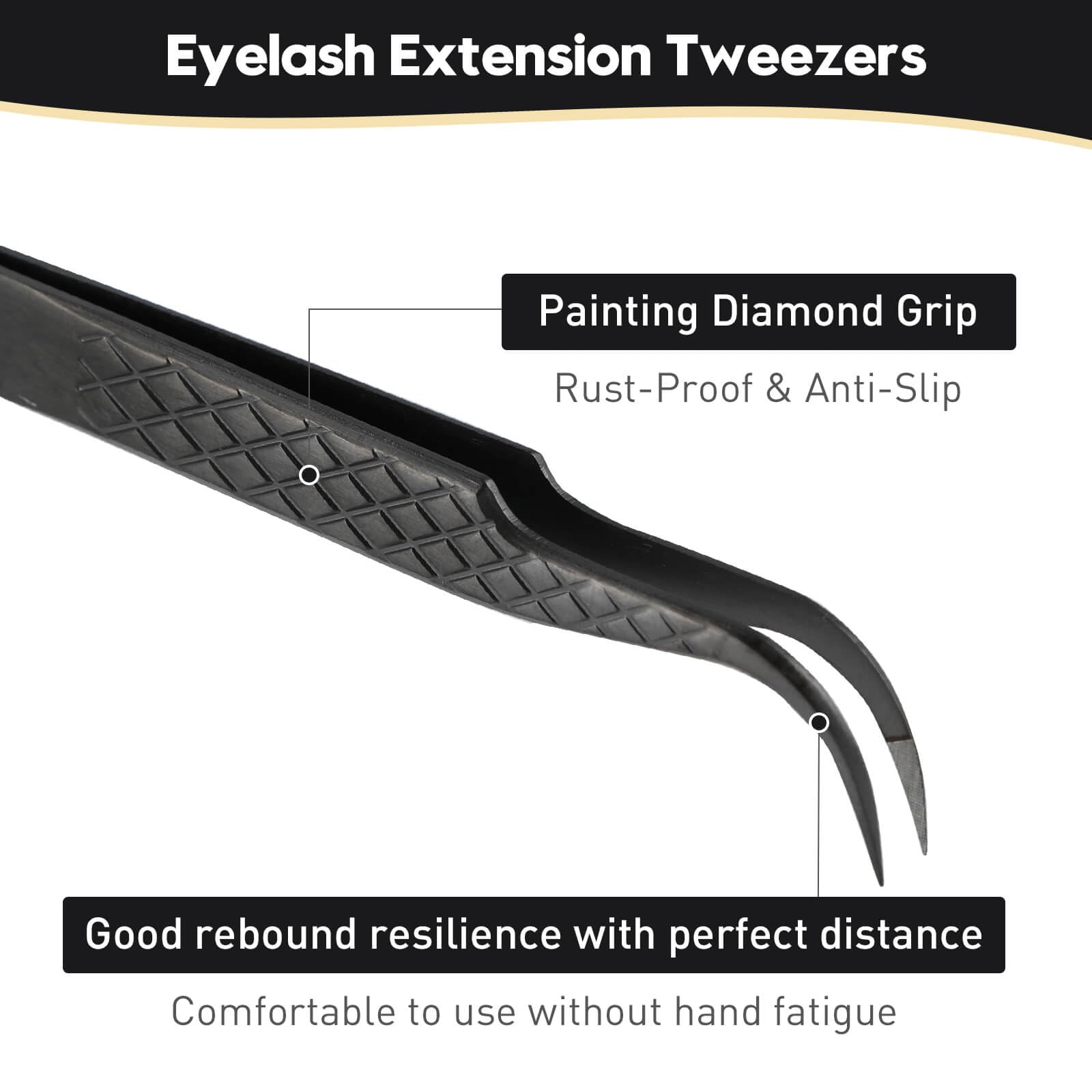 Ms.Queen Eyelash Tweezers For Extensions, Precision Diamond Grip Curved Lash Tweezers Fiber Tip,Black