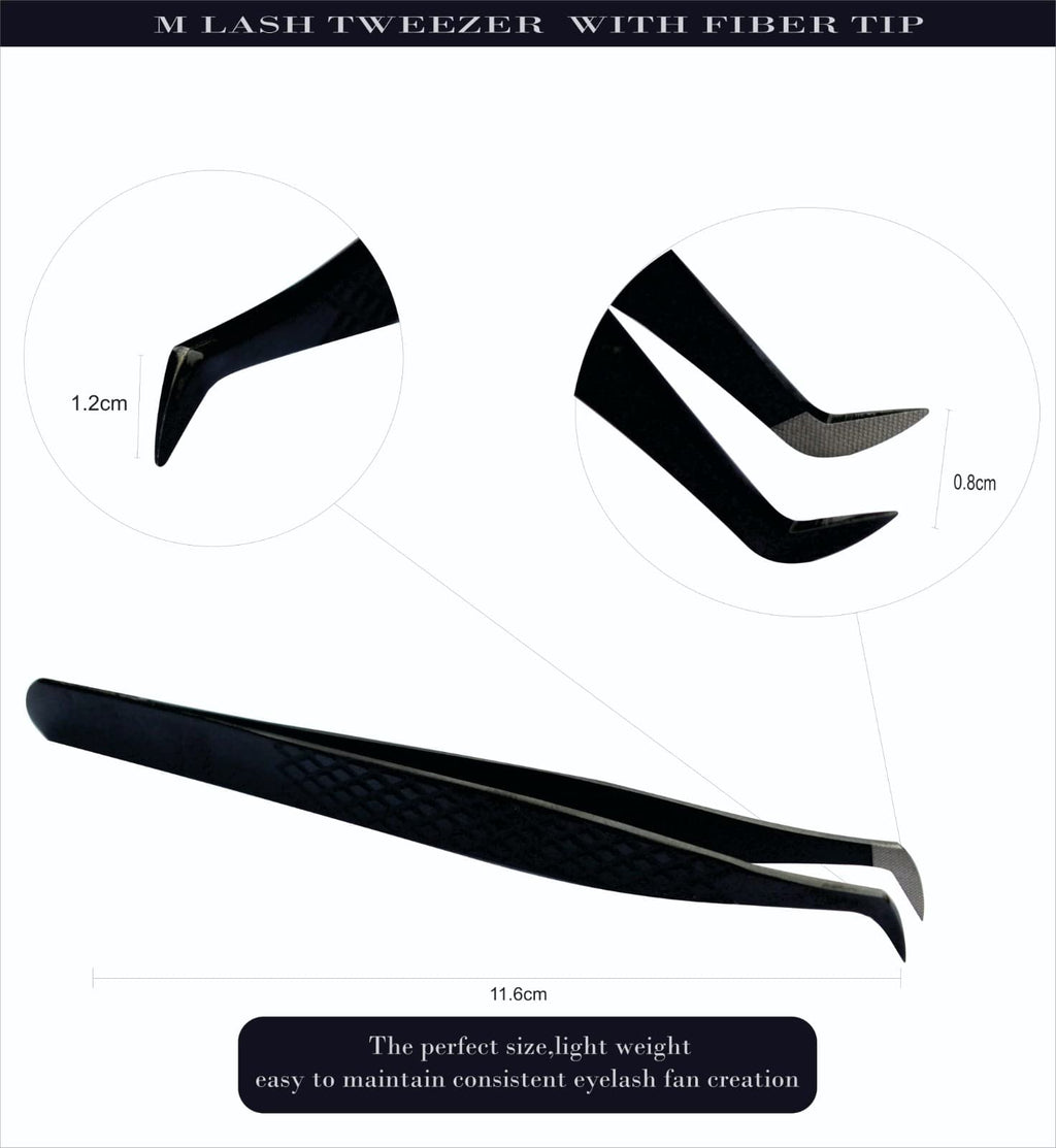 M LASH Tweezers for Eyelash Extensions (Set of 4) - Professional Lash Extension Tweezers - Fiber Tip, Japanese Steel, Diamond Grip Eyelash Extension Tweezer (Black)