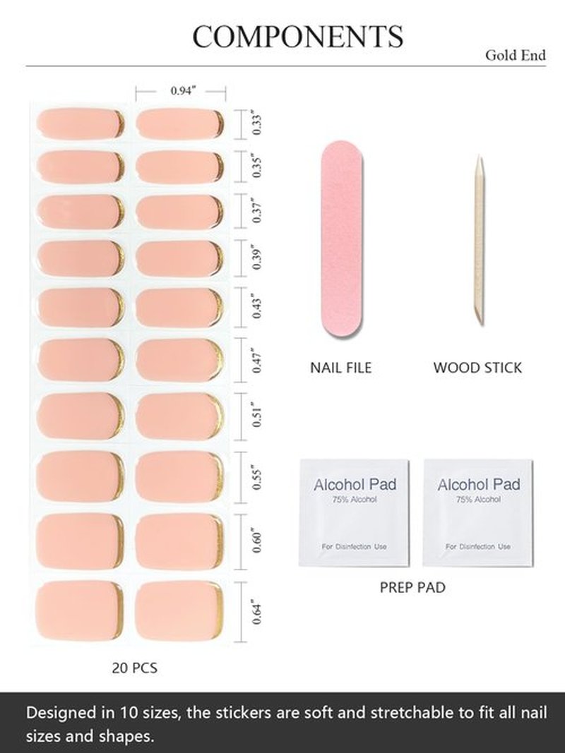AutyaMee Semi Cured Gel Nail Strips (Gold End), Gold Foil Line Design, Nude, 20 Pcs Gel Nail Wraps, Stickers, UV Light Required, Salon Quality, Long Lasting