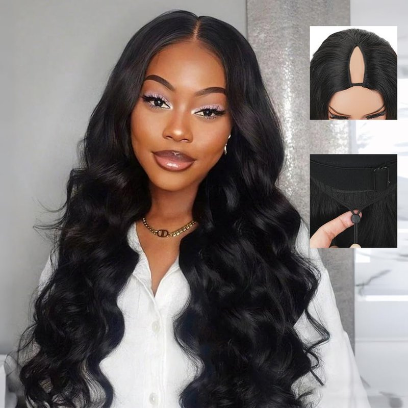 V Part Wig Human Hair Body Wave Upgrade U Part Human Hair Wigs With Adjustable Drawstring 250% Density Glueless No Leave Out V Shape Wigs Full Head Clip In Half Wig For Women (Natural Black, 16 Inch)