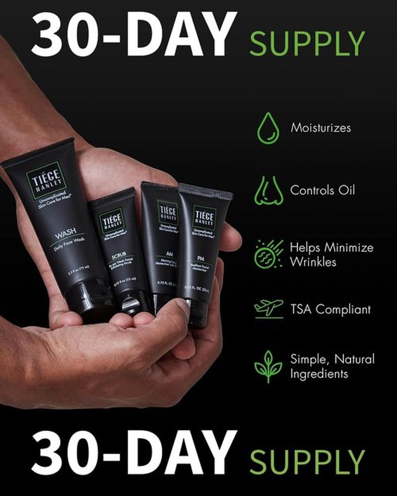 Tiege Hanley Skin Care Set for Men - Essential Daily Routine | 4-Piece System with Face Wash, Scrub, Moisturizer & Night Cream