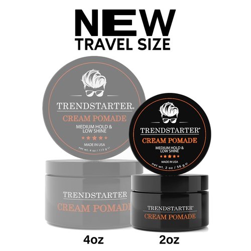TRENDSTARTER Cream Pomade - Medium Hold, Low Shine | 2oz Travel Size Water-Based Hair Styling Solution