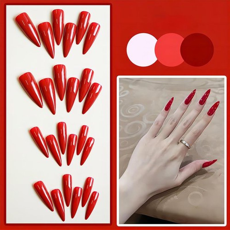 Long Stiletto Press on Nails Almond Fake Nails Solid Color Acrylic False Nails with Luxurious Mirror Design Red Full Cover Artificial Nails Press ons Stick on Nails for Women 24Pcs