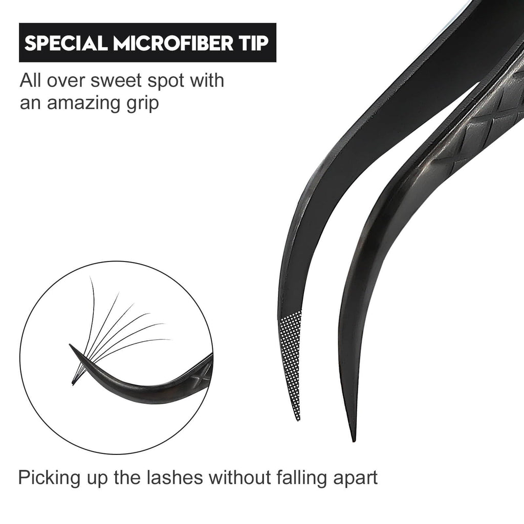 Ms.Queen Eyelash Tweezers For Extensions, Precision Diamond Grip Curved Lash Tweezers Fiber Tip,Black