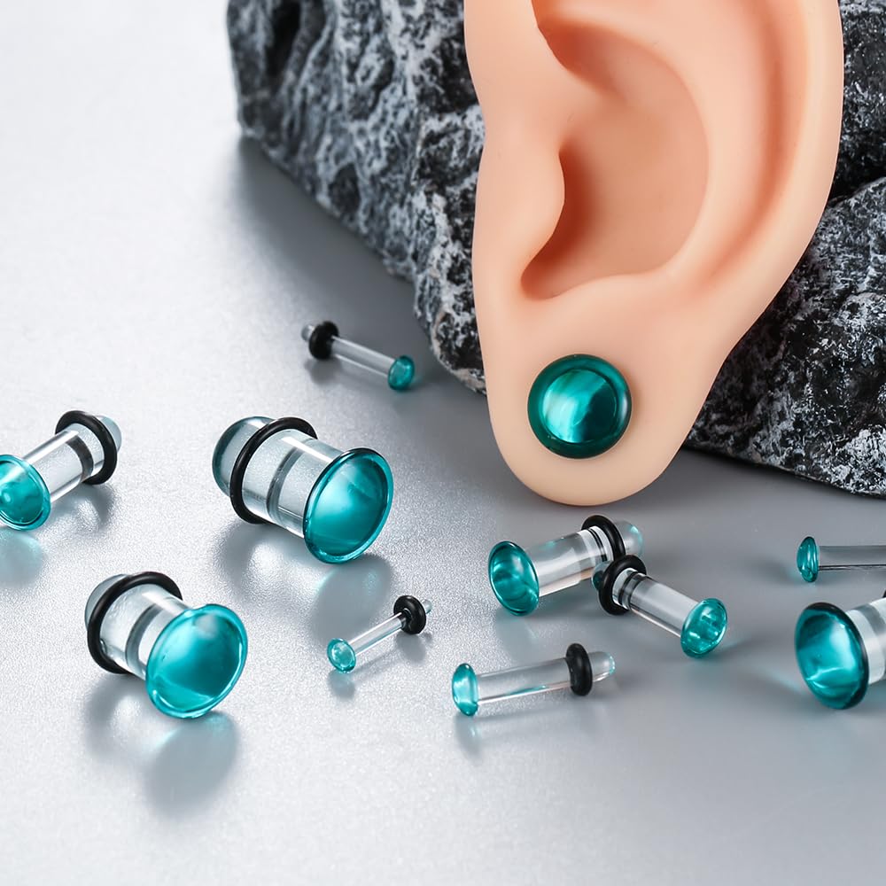 BOKABOO 14 PCS Glass Ear Gauges Stretching Kit Short Taper Expander, Turquoise 14g-2g Comfy Dead Stretching Plugs with Rubber Rings, Crazy Domed Body Piercing Jewelry Set