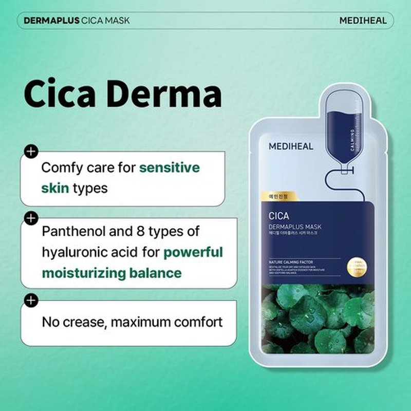 Mediheal Dermaplus Cica Mask (10 Counts) - Daily Vegan Mask for Calming Skin with Panthenol & Hyaluron, Korean Self Skin Care Sheet Mask