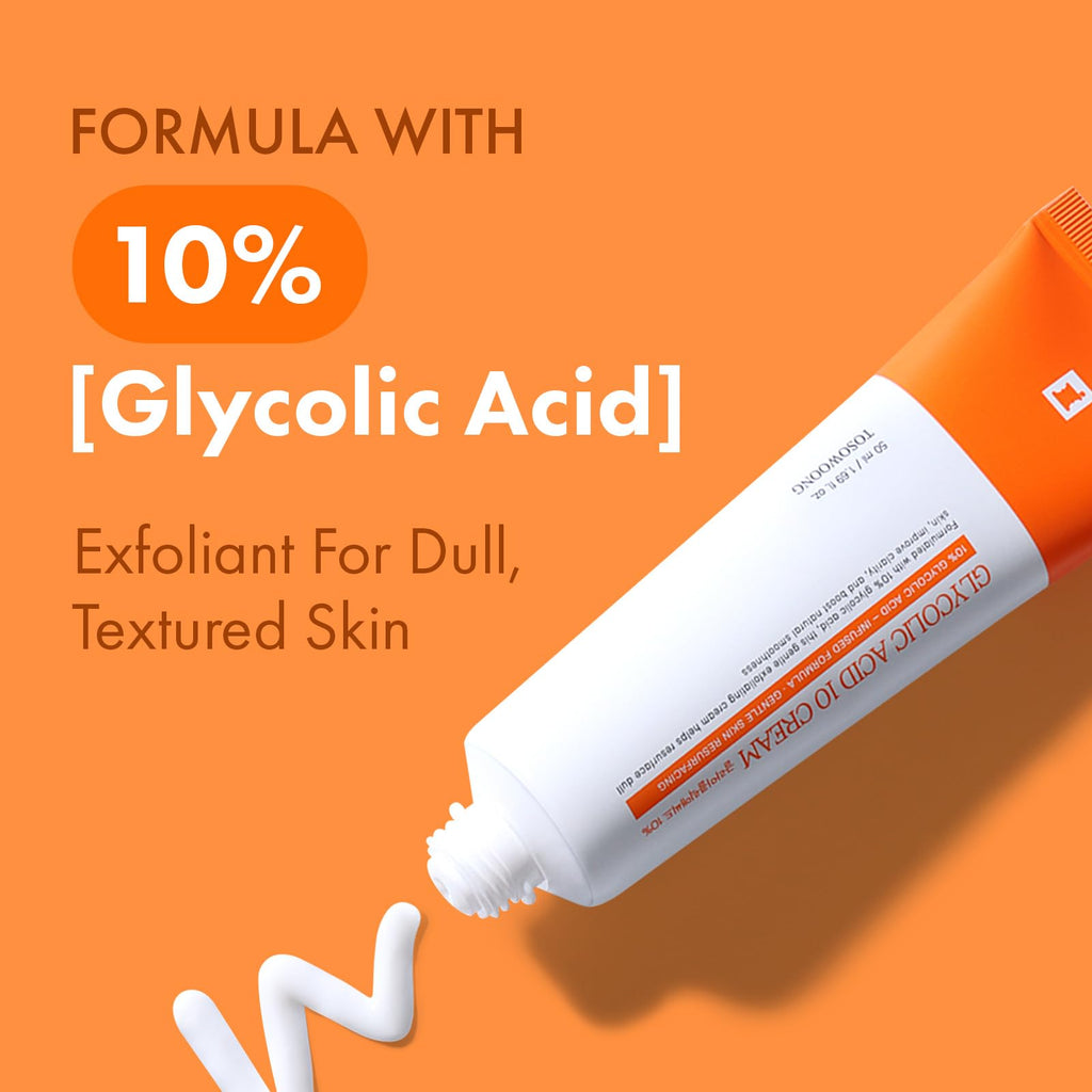 TOSOWOONG Glycolic Acid 10% Cream, AHA Exfoliator, Skin Smoothing Cream for Bumpy Skin, Dark Spot, Wrinkles, Fine Lines with Panthenol, Hyaluronic Acid, Glass Skin, Korean Skincare, 50 ml/1.69 fl. oz.