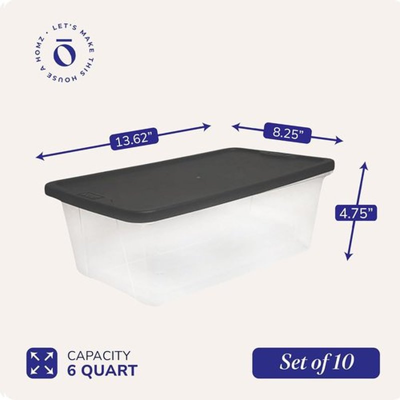 HOMZ 10-Pack Snaplock Storage Bins - Clear Plastic Organizer Containers with Lids, 6 Quart, Gray