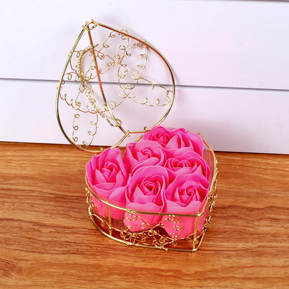 GSHLLO 6 PCS Flora Scented Bath Soap Rose Flower Petals Soap Gift with Metal Basket for Birthday Valentine Hot Pink