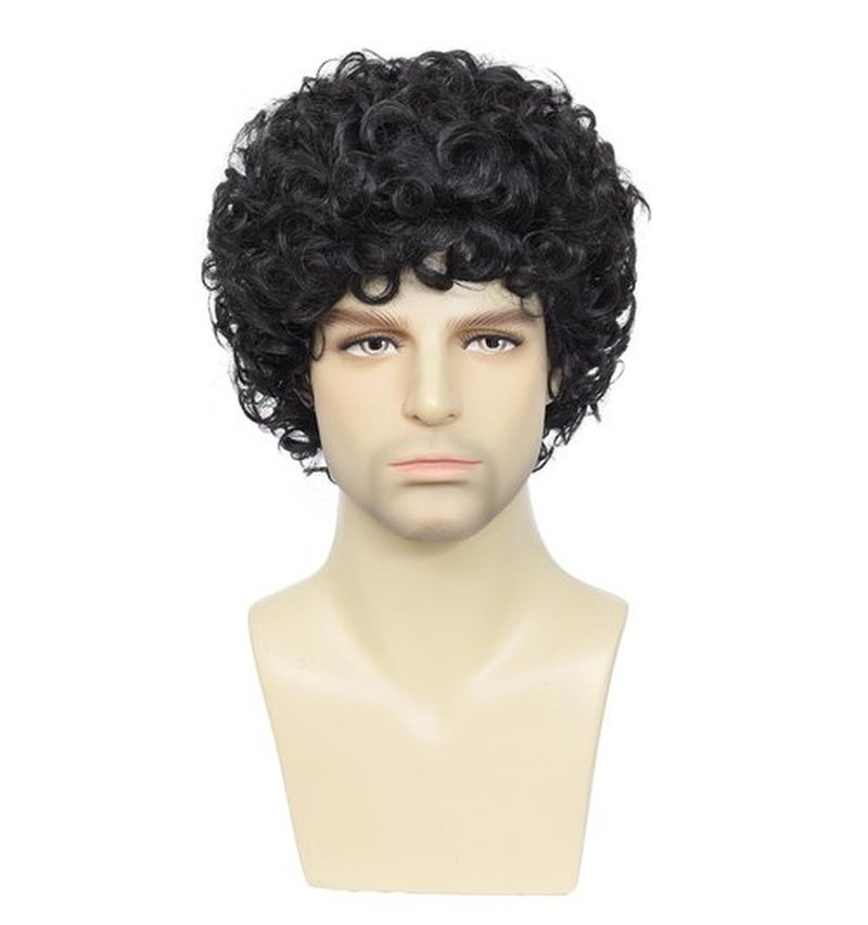 Airhostess Mens Short Afro Curly Wig for Male,70s 80s Disco Guy Rocker，Halloween Cosplay Fancy Wigs for Daily Party Costume (black)