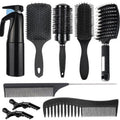 Aozzy 8Pcs Curly Hair Brush Set, Hair Brushes for Women, Round Brush for Blow Drying, Paddle Brush, Fit for Detangling Wet Long Thick Hair, Spray Bottle for Curly Wavy Hair, Family Daily Care（Black）