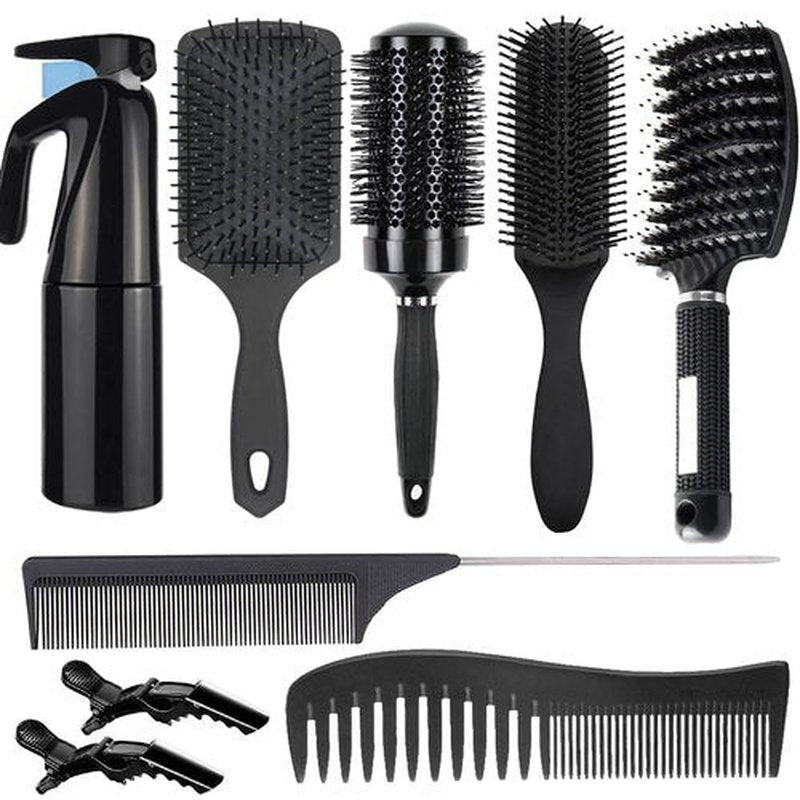 Aozzy 8Pcs Curly Hair Brush Set, Hair Brushes for Women, Round Brush for Blow Drying, Paddle Brush, Fit for Detangling Wet Long Thick Hair, Spray Bottle for Curly Wavy Hair, Family Daily Care（Black）
