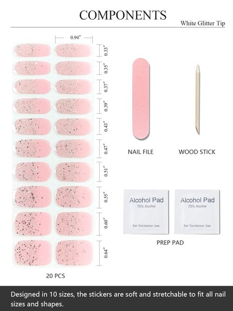 AutyaMee Semi Cured Gel Nail Strips (White Glitter Tip), 20 Pcs Pink Base Gel Nail Wraps, Stickers, Salon Quality, Long Lasting, Works with Any UV Lamps