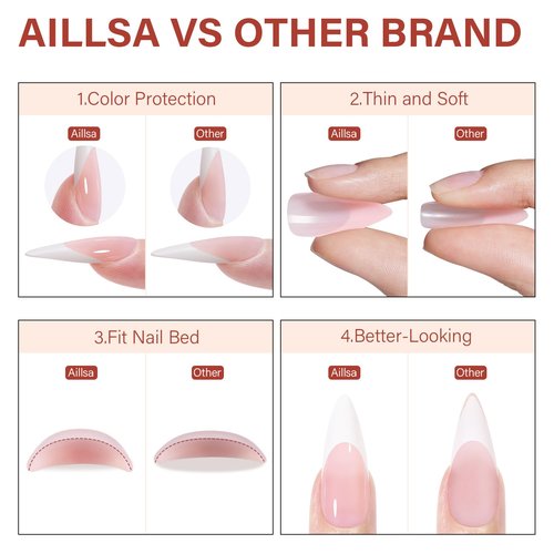 AILLSA French Gel Nail Tips, 180 Pcs French Tip Press On Nails Long Almond Pink, Pre-Applied Primer & Base Coat, No Need File, Soft Long Stiletto Nail Tips, Fake Nails for Women Gift 15 Sizes