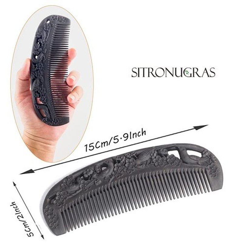 Sitronugras Ebony Wood Comb - Carved Craft Natural Black Sandalwood Hair Comb for Women - No Static Fine Tooth Comb with gift box (Birds and flowers)